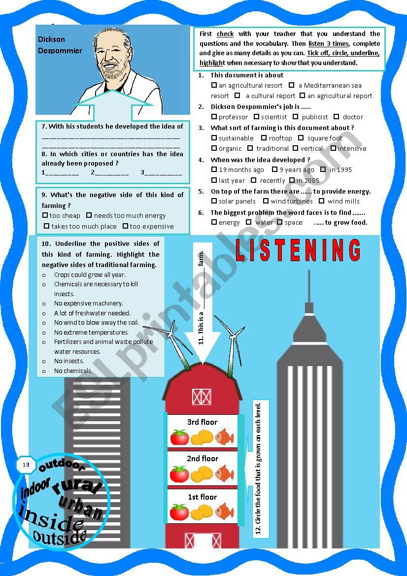 Vertical Farming - Listening + comprehension questions + link + tape script and KEY.