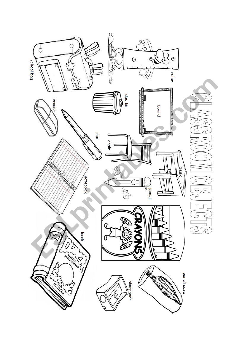 Classroom Objects Colouring Page