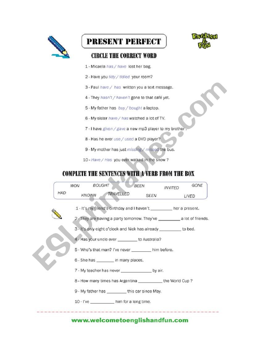 present perfect exercise worksheet