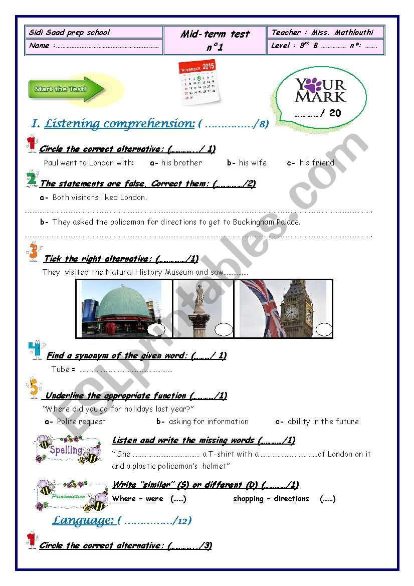 mid term test 1 8th form worksheet