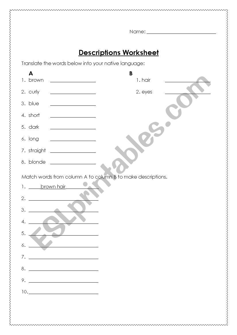 Personal Descriptions worksheet