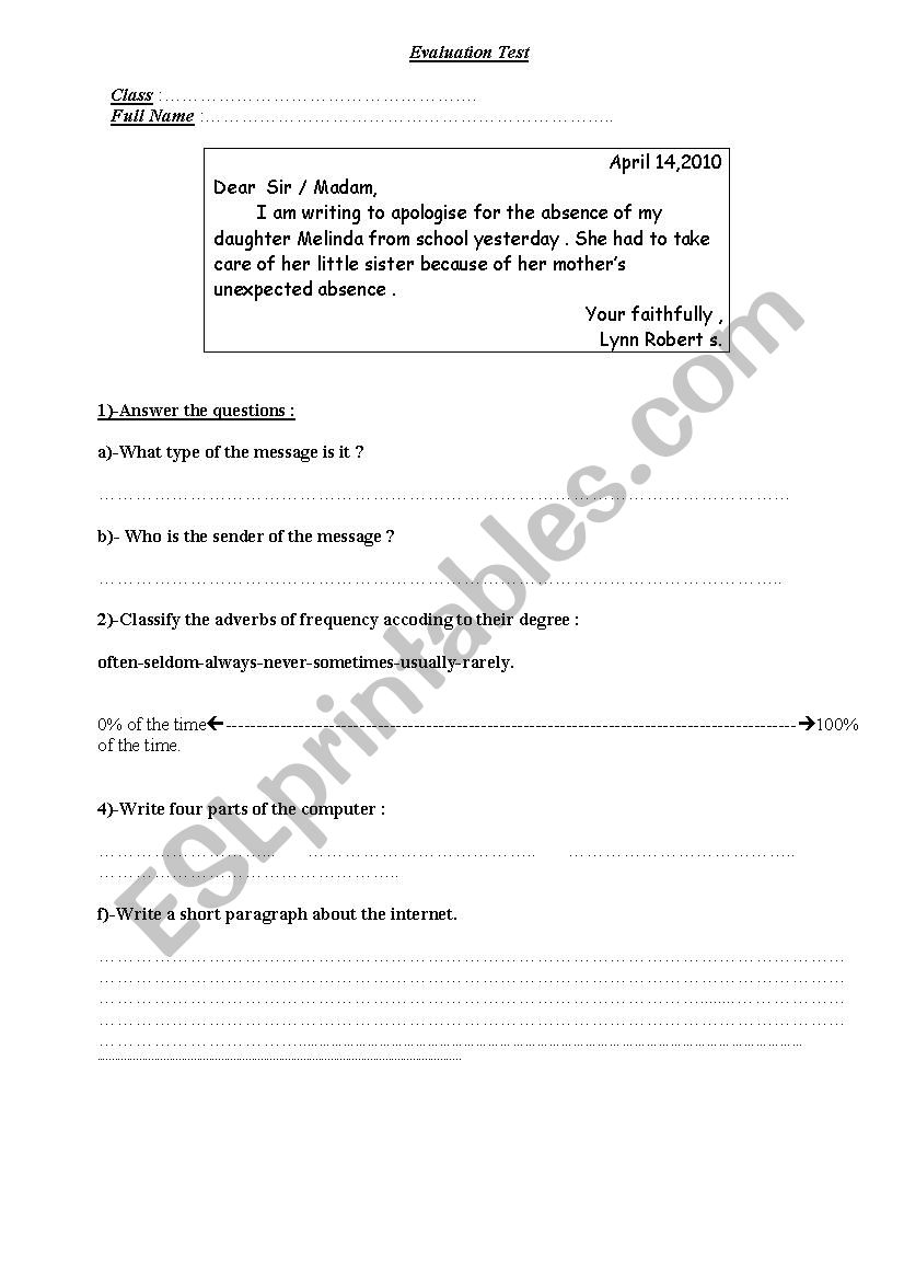 first term test 1st year worksheet