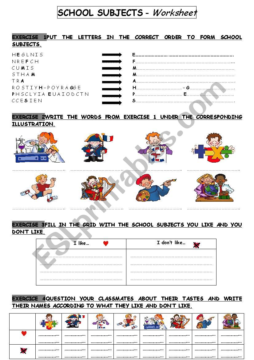 School subjects worksheet