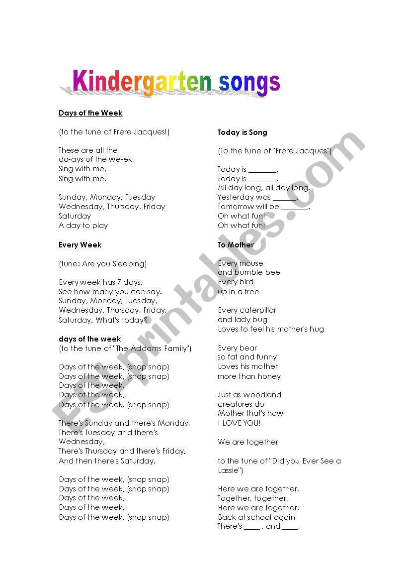 Kindergarten songs worksheet