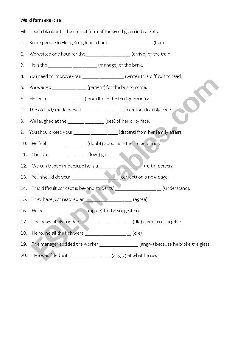 Word Form Exercise - ESL worksheet by lisalisa720