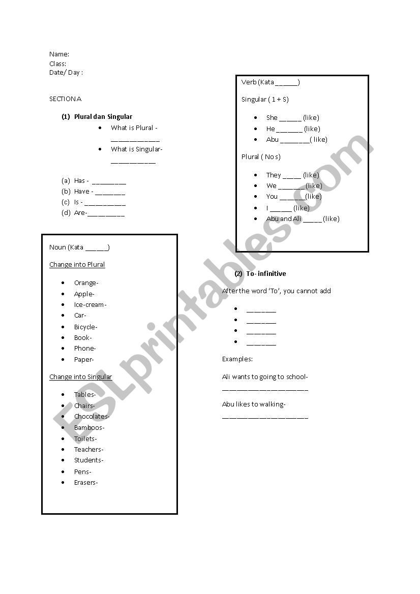 Grammar ( plural singular,to-infinitive,modal, pronoun)