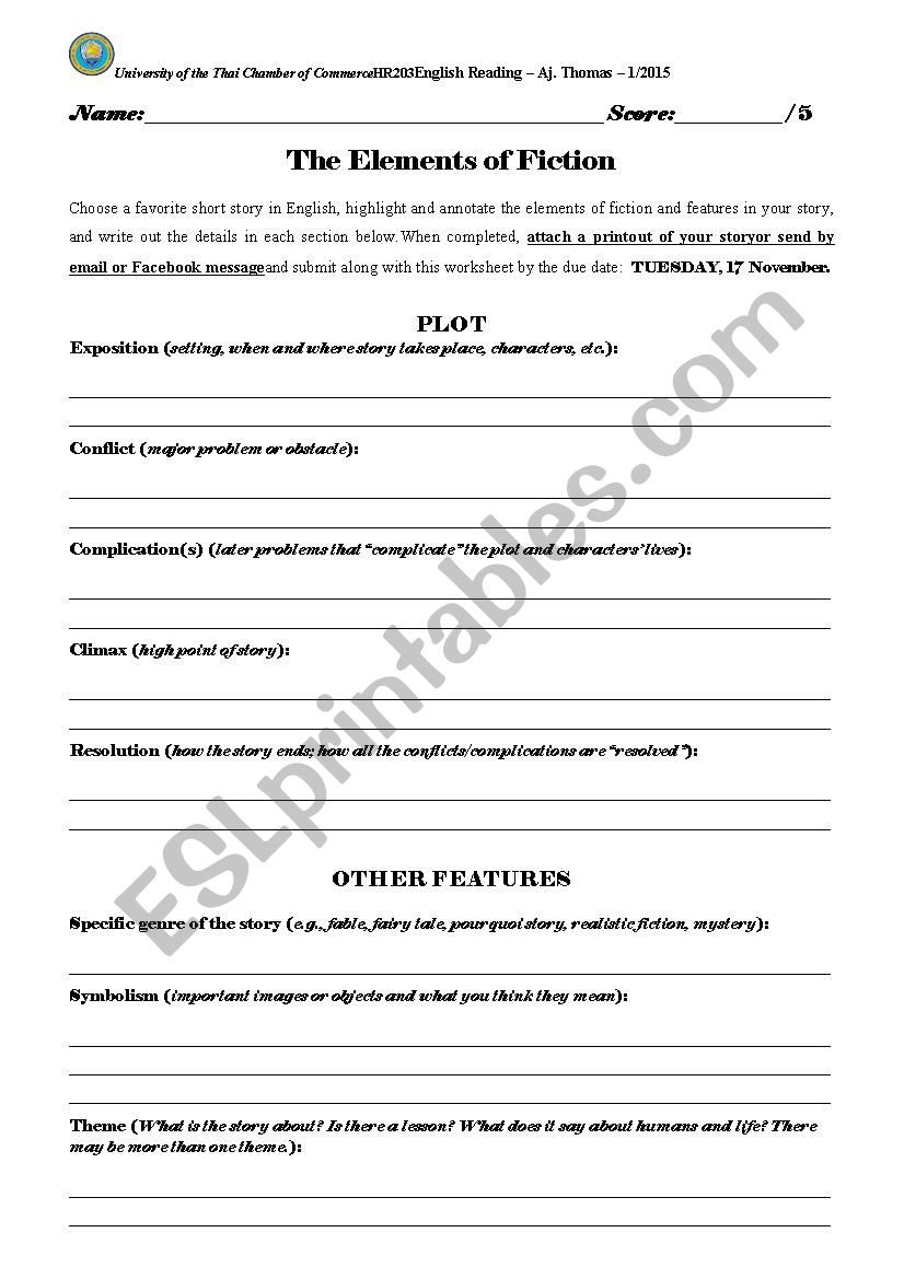 Elements of Fiction Worksheet/Assignment