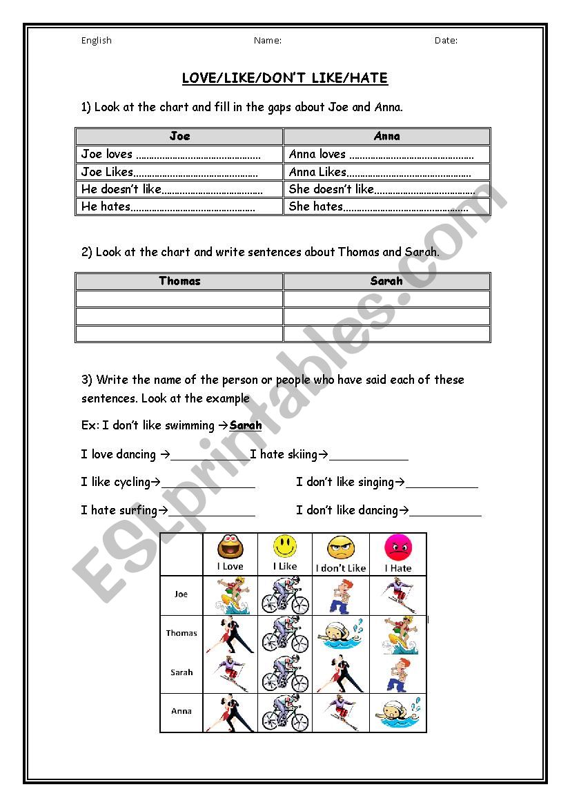 like/donÂ´t like worksheet