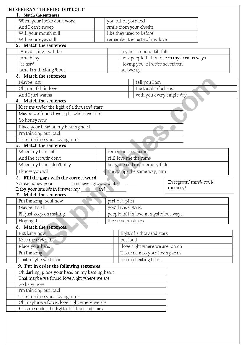 Ed Sheeran Thinking out loud worksheet