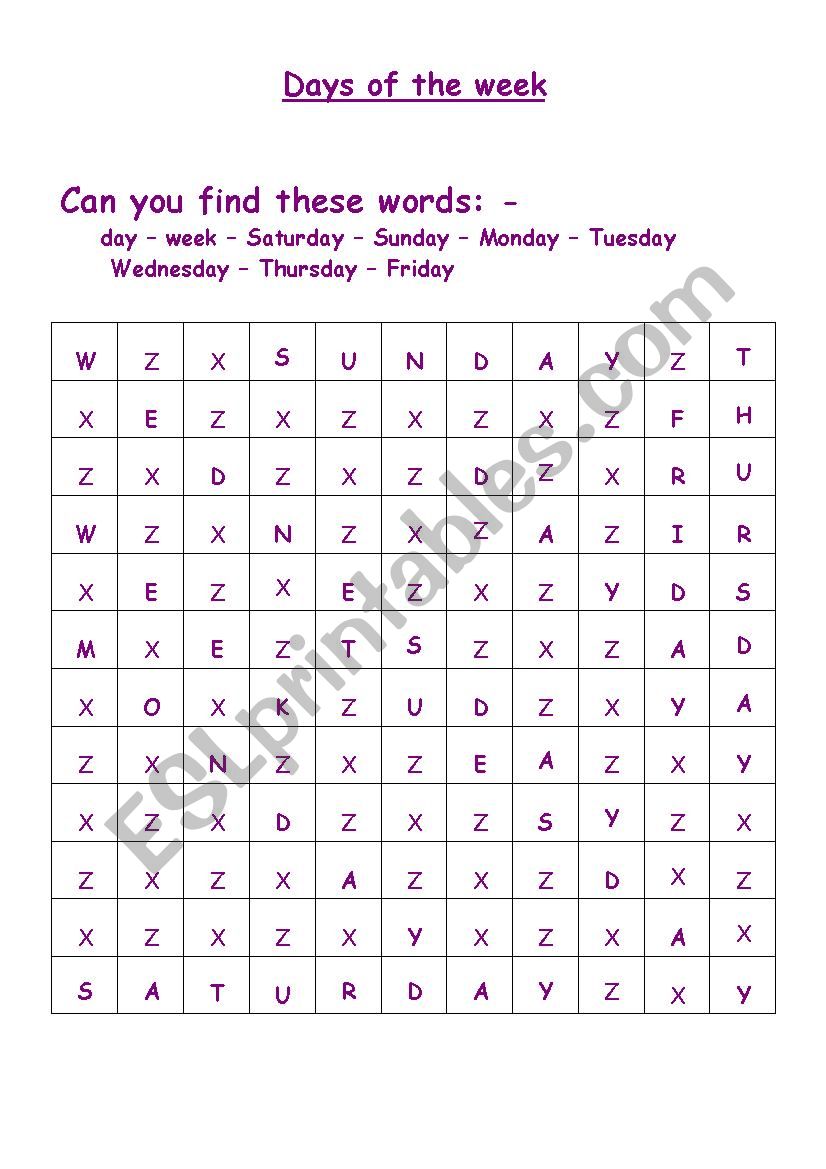 days of the week worksheet