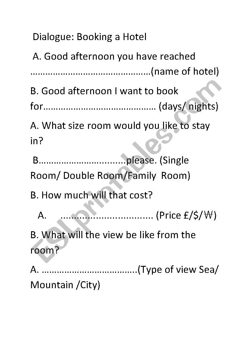dialogue for booking a hotel worksheet