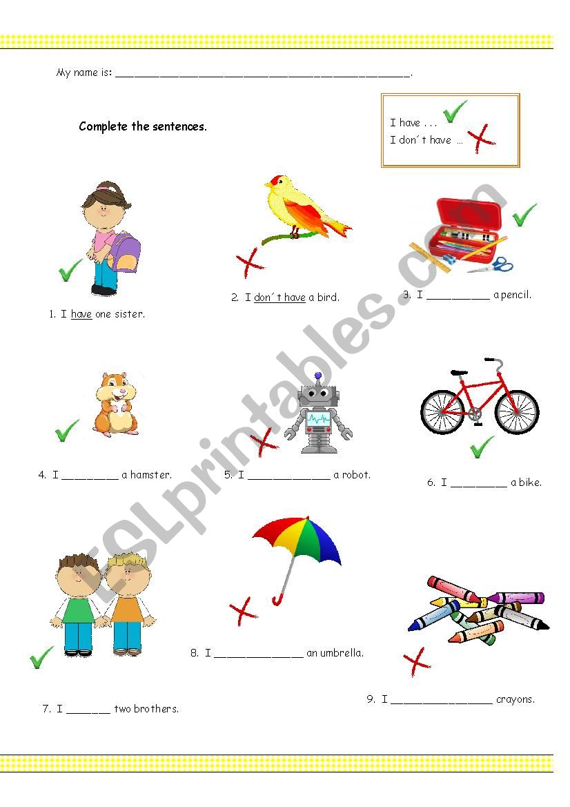 I have / I donÂ´t have worksheet