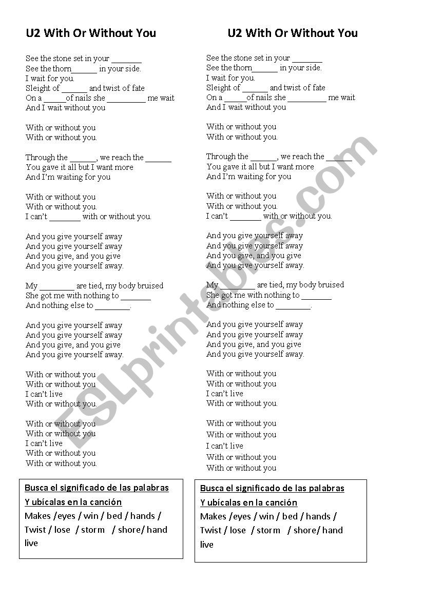 Song with or without you worksheet