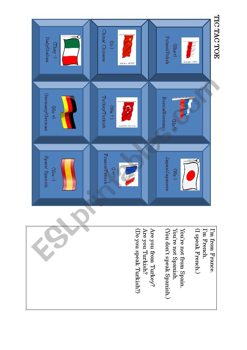 TIC TAC TOE (Nationalities, Countries, Verb TO BE)