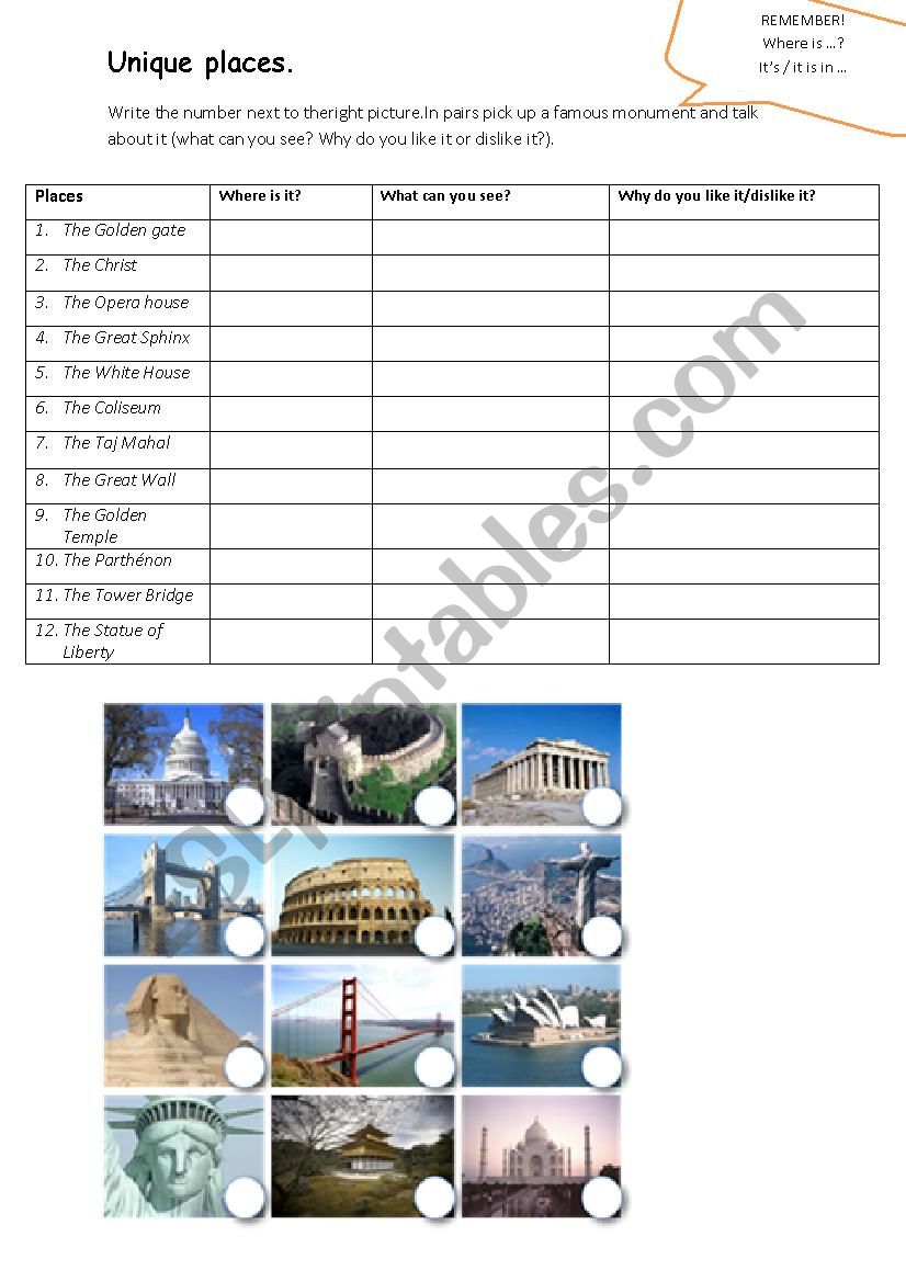 Talking about unique places worksheet