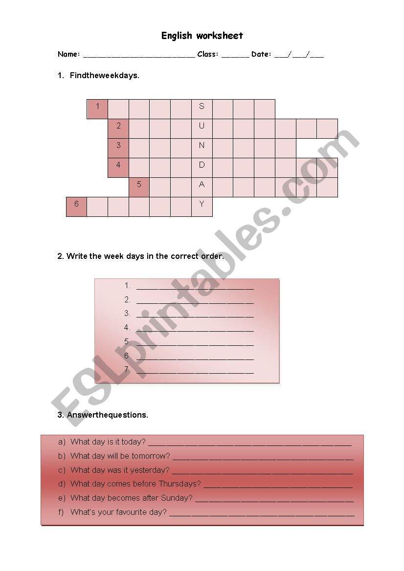 Days of the week worksheet