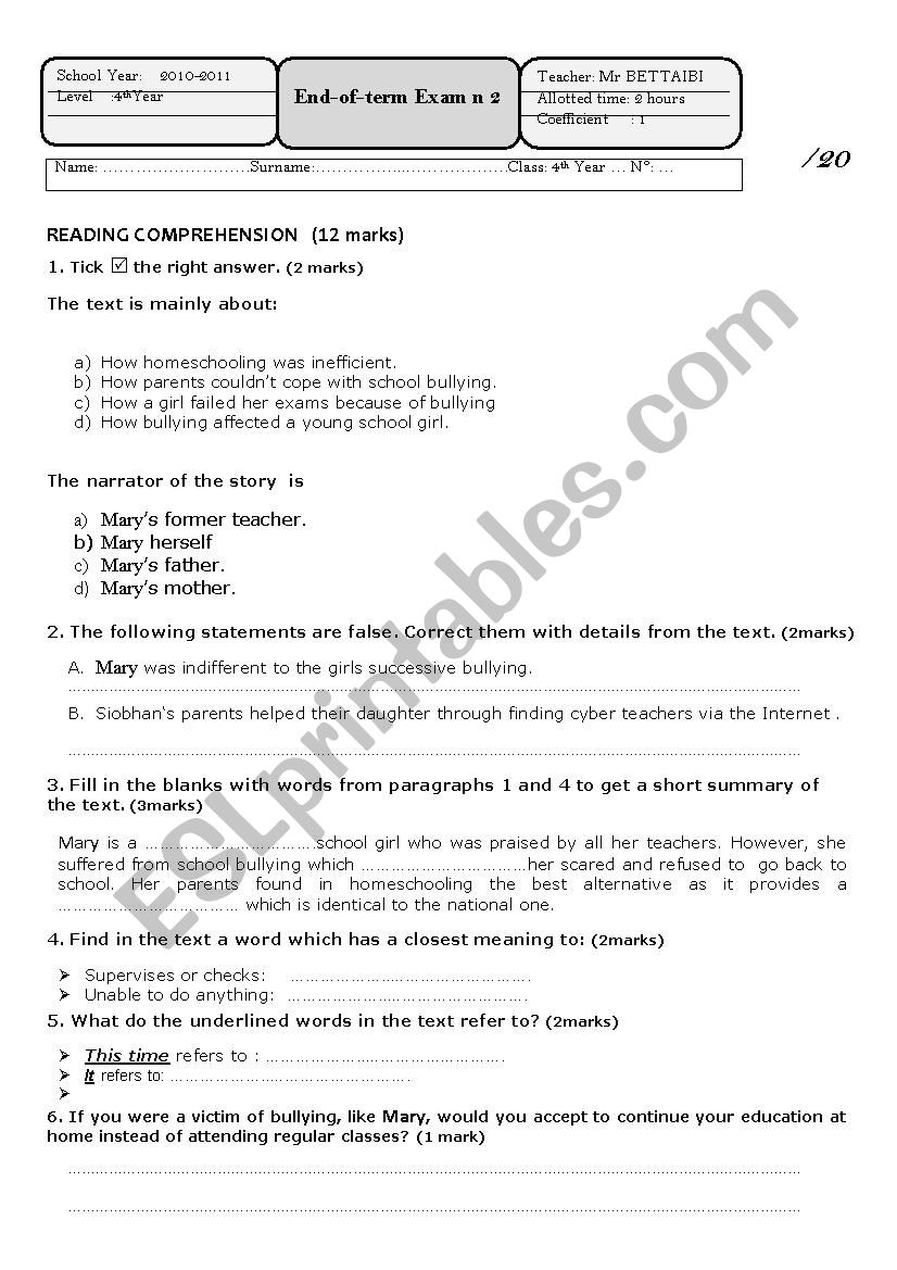 End-of-term Exam n 2Level    4thYear School Year    2010-2011