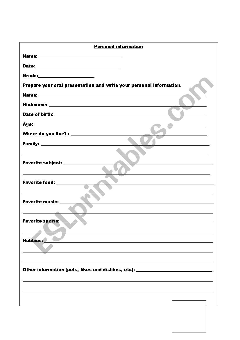 personal information  worksheet