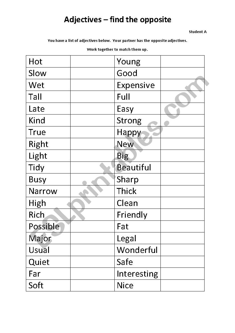 Adjectives Pair Work - Find the Opposite