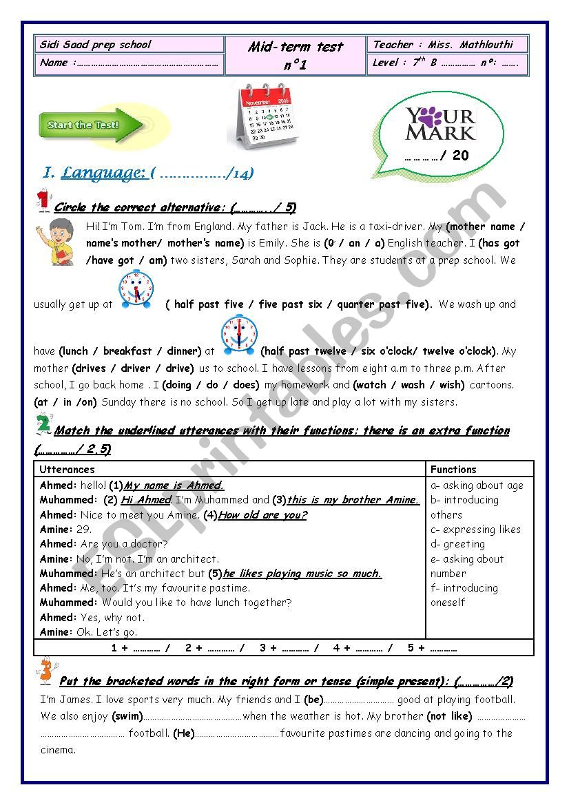 mid term test n1 7th form worksheet