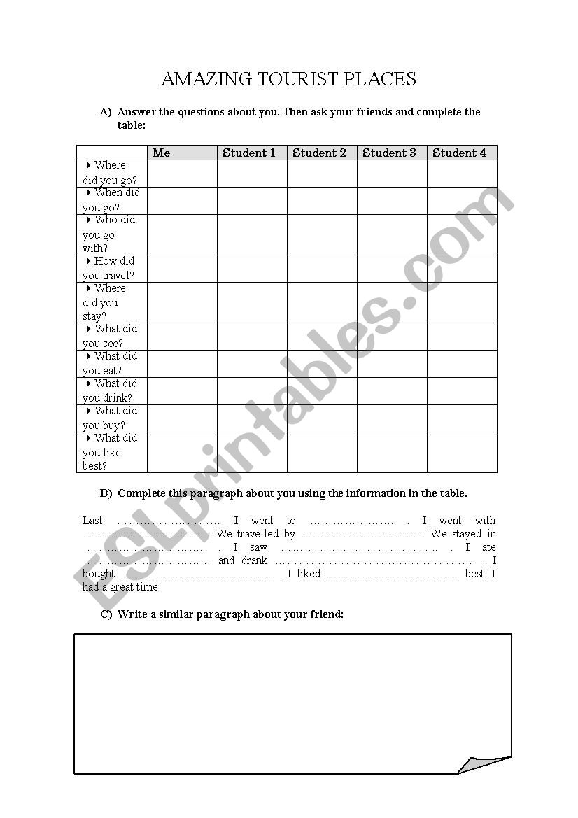 AMAZING TOURIST PLACES  worksheet