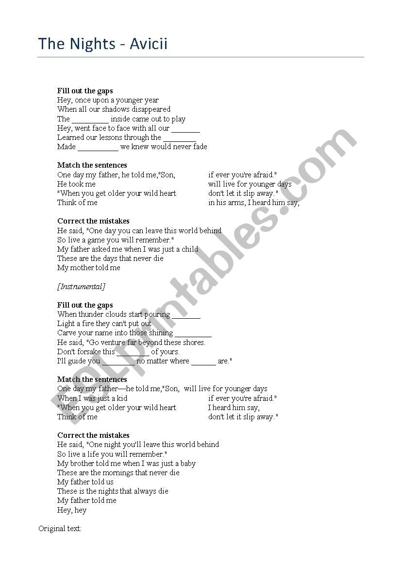 The Nights by Avicii worksheet