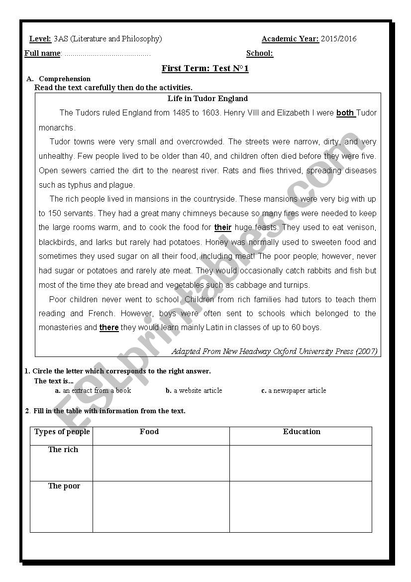 test for 3rd year l/ph worksheet