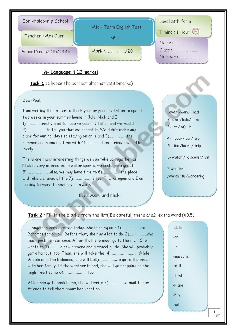 mid term test 1 8th form language part