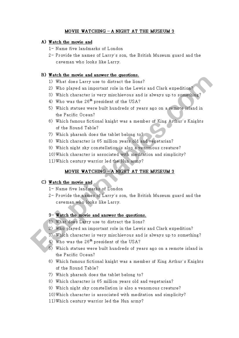 A NIGHT AT THE MUSEUM 3 worksheet