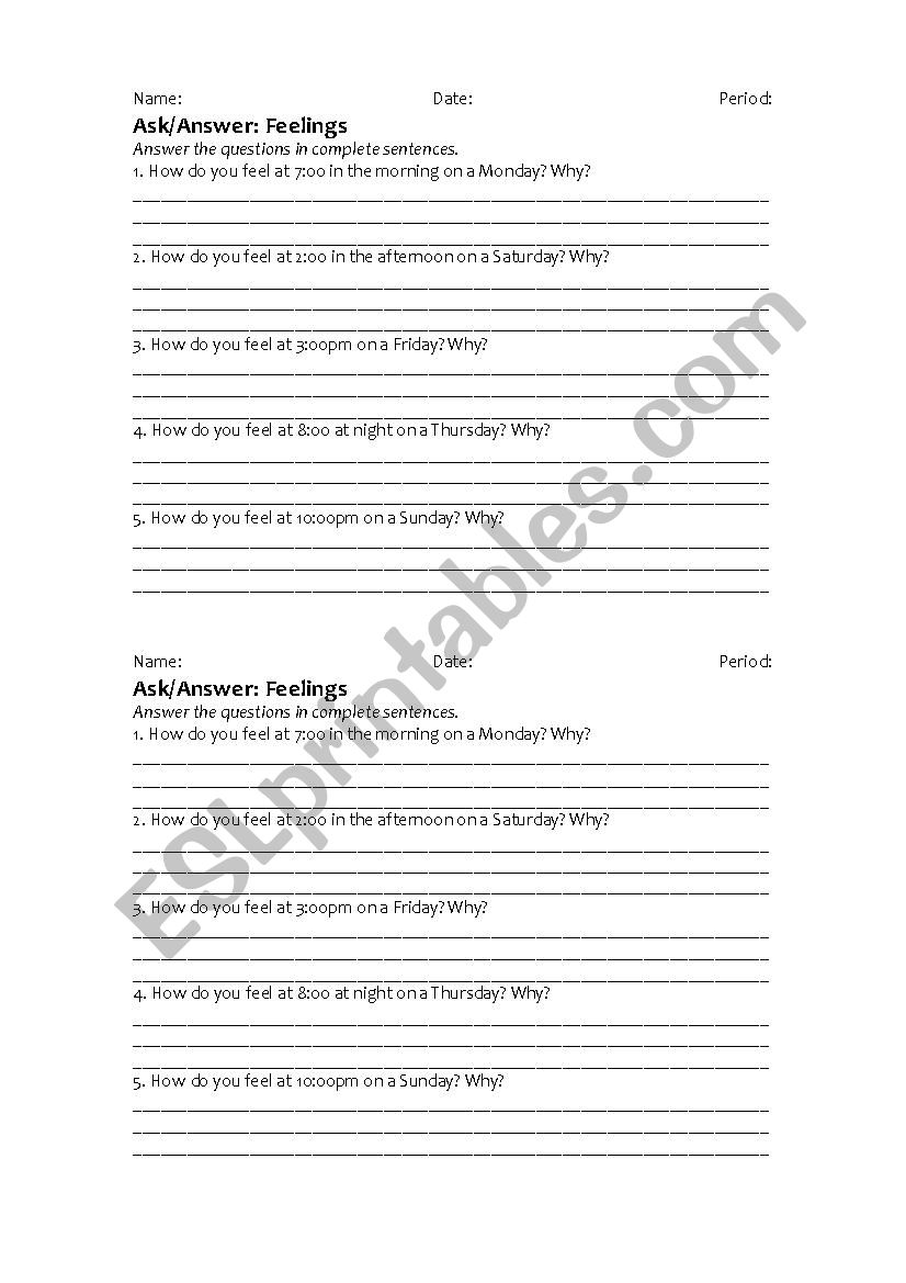 Ask/Answer: Feelings worksheet