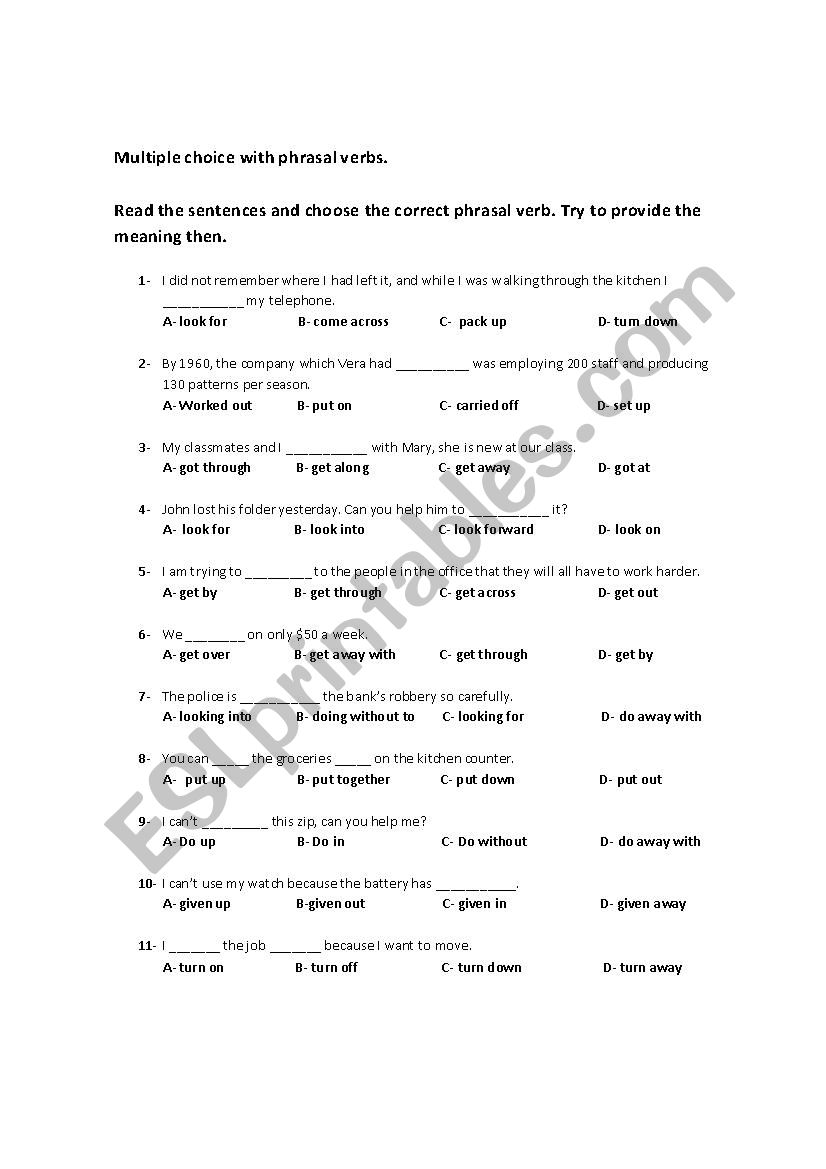 Phrasal verbs and speaking worksheet