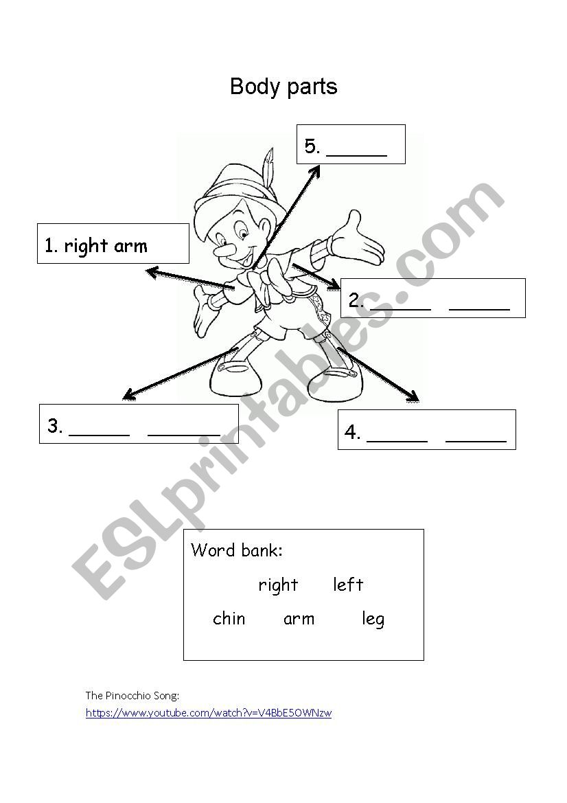 The Pinocchio--Body Parts - ESL worksheet by Kristi@ESL