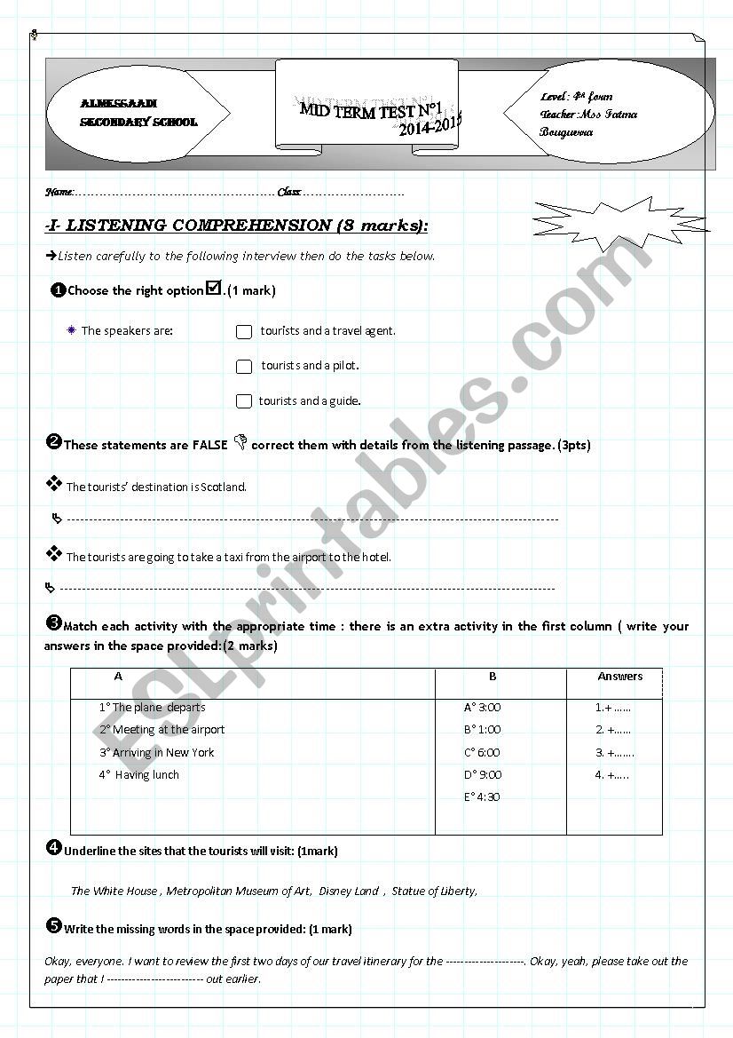 mid term test n 1 for  bac tunisain students