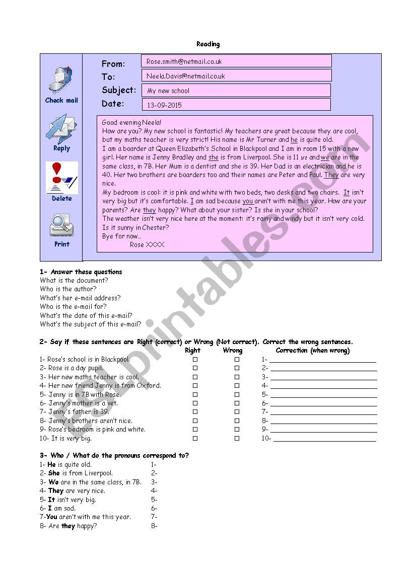 Roses e-mail worksheet