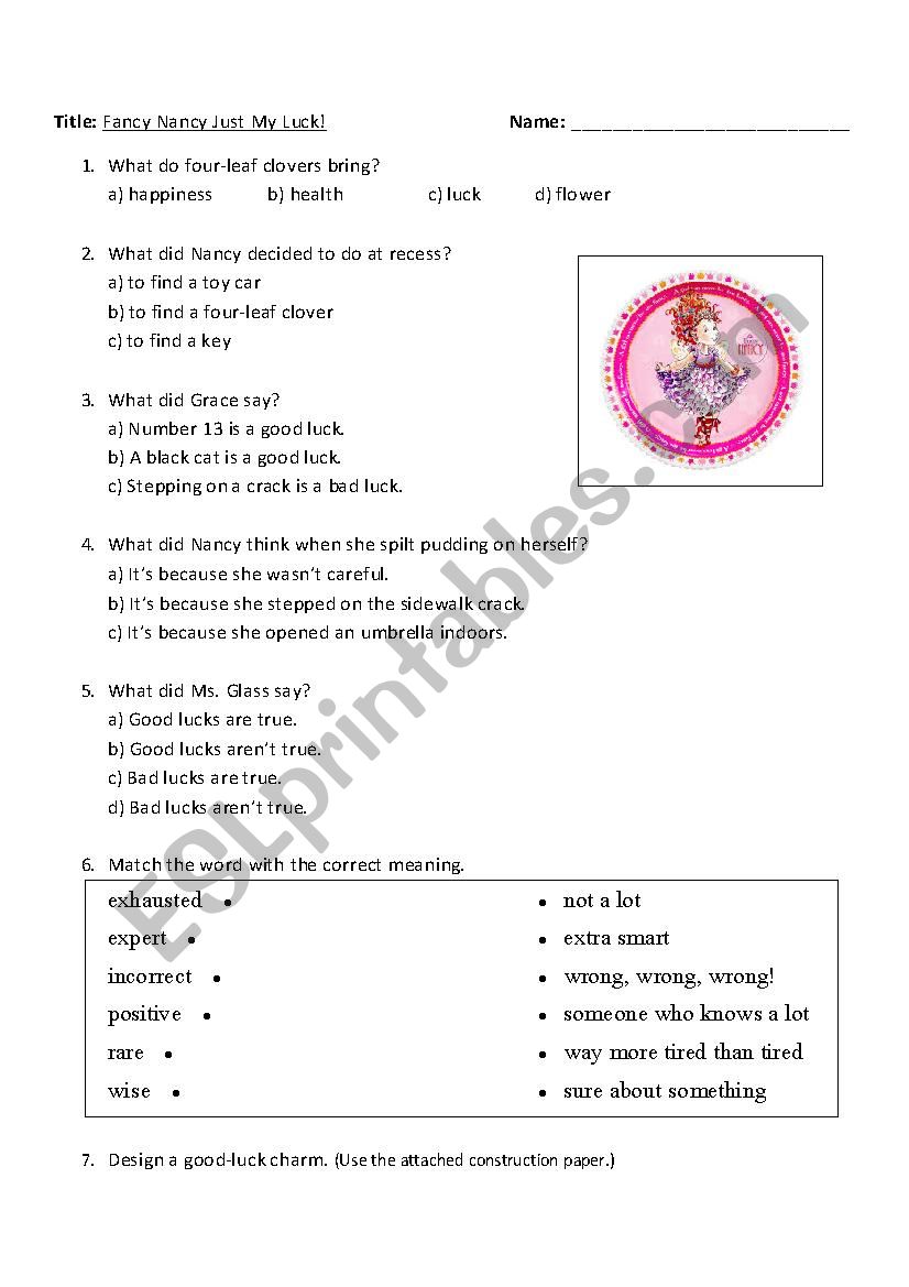 Worksheet- Fancy Nancy Just My Luck!