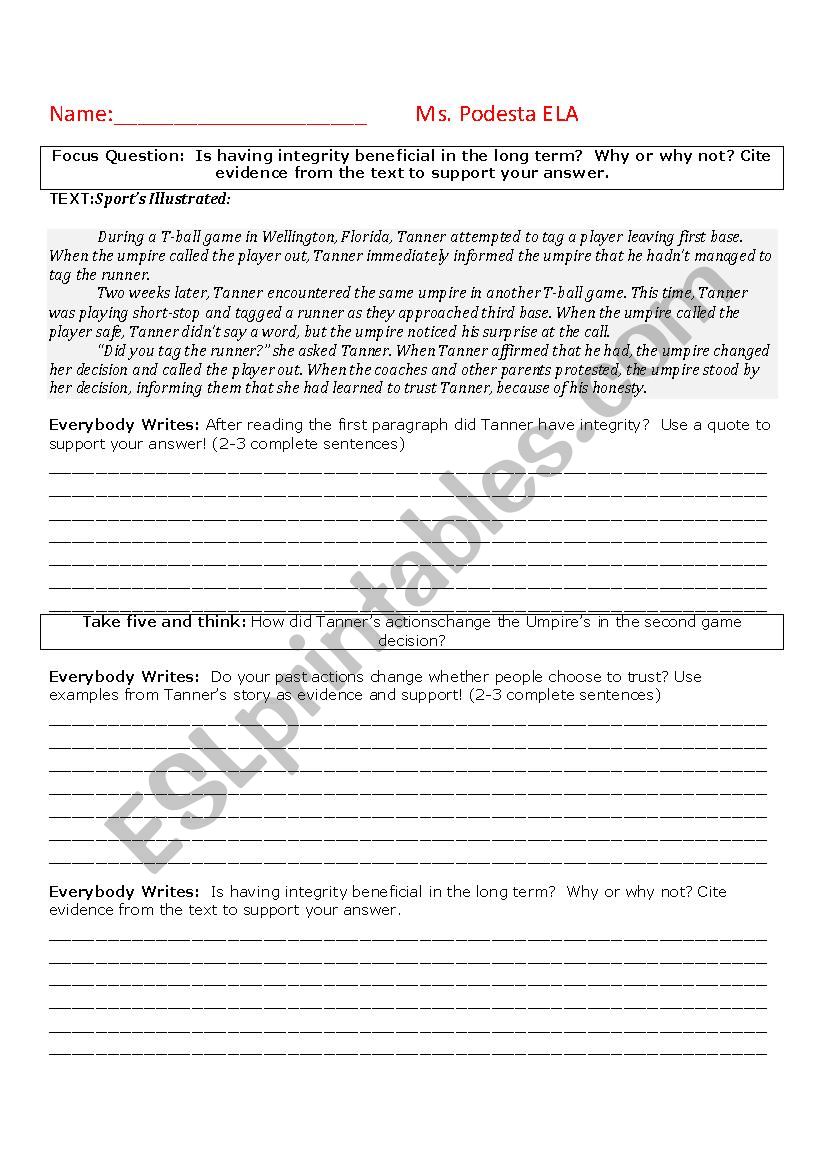 Integrity worksheet