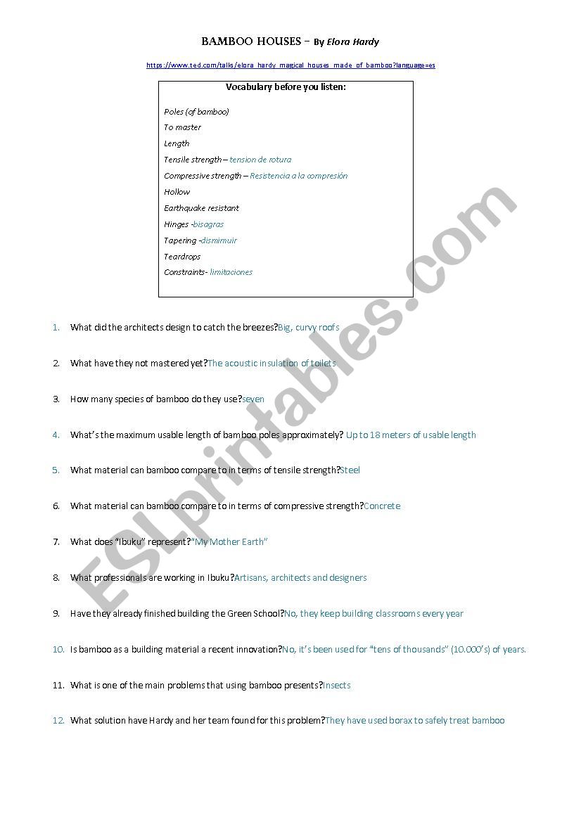 Listening comprehension Bamboo Houses