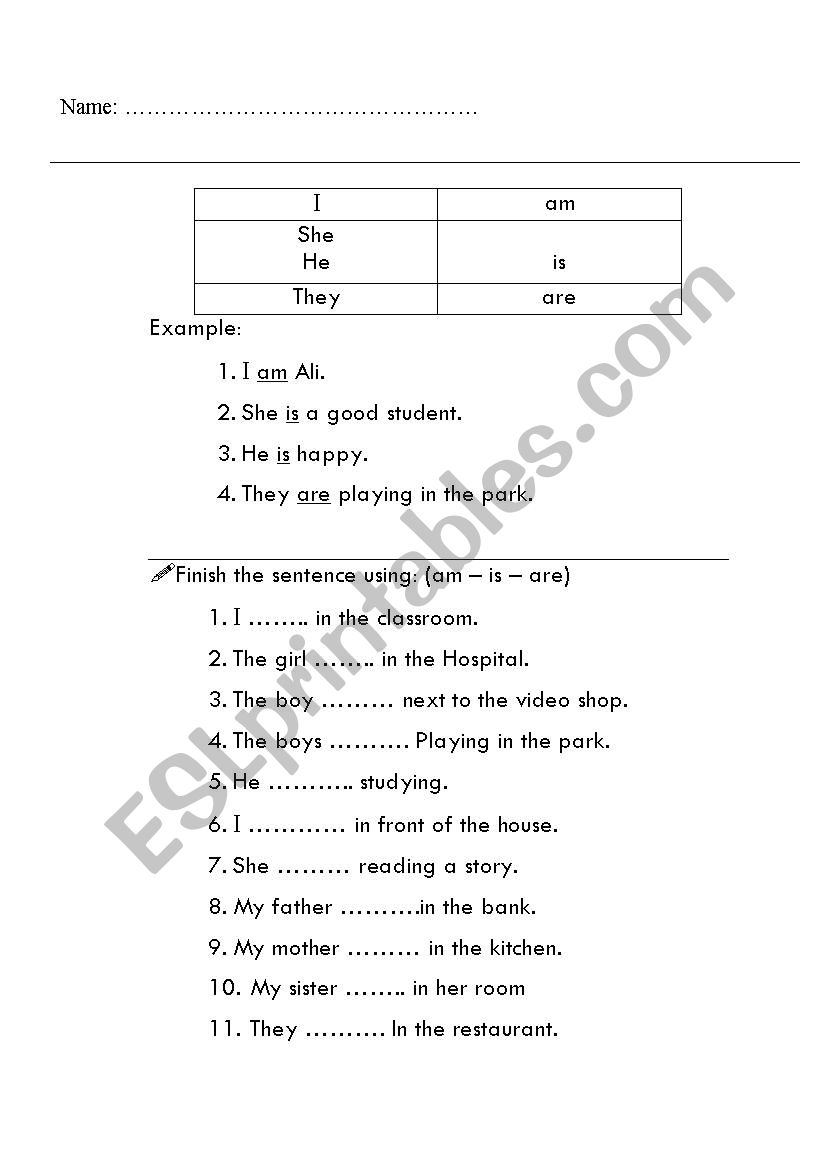 am -is -are worksheet