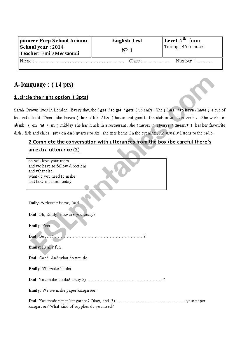 7th form english test n1 worksheet