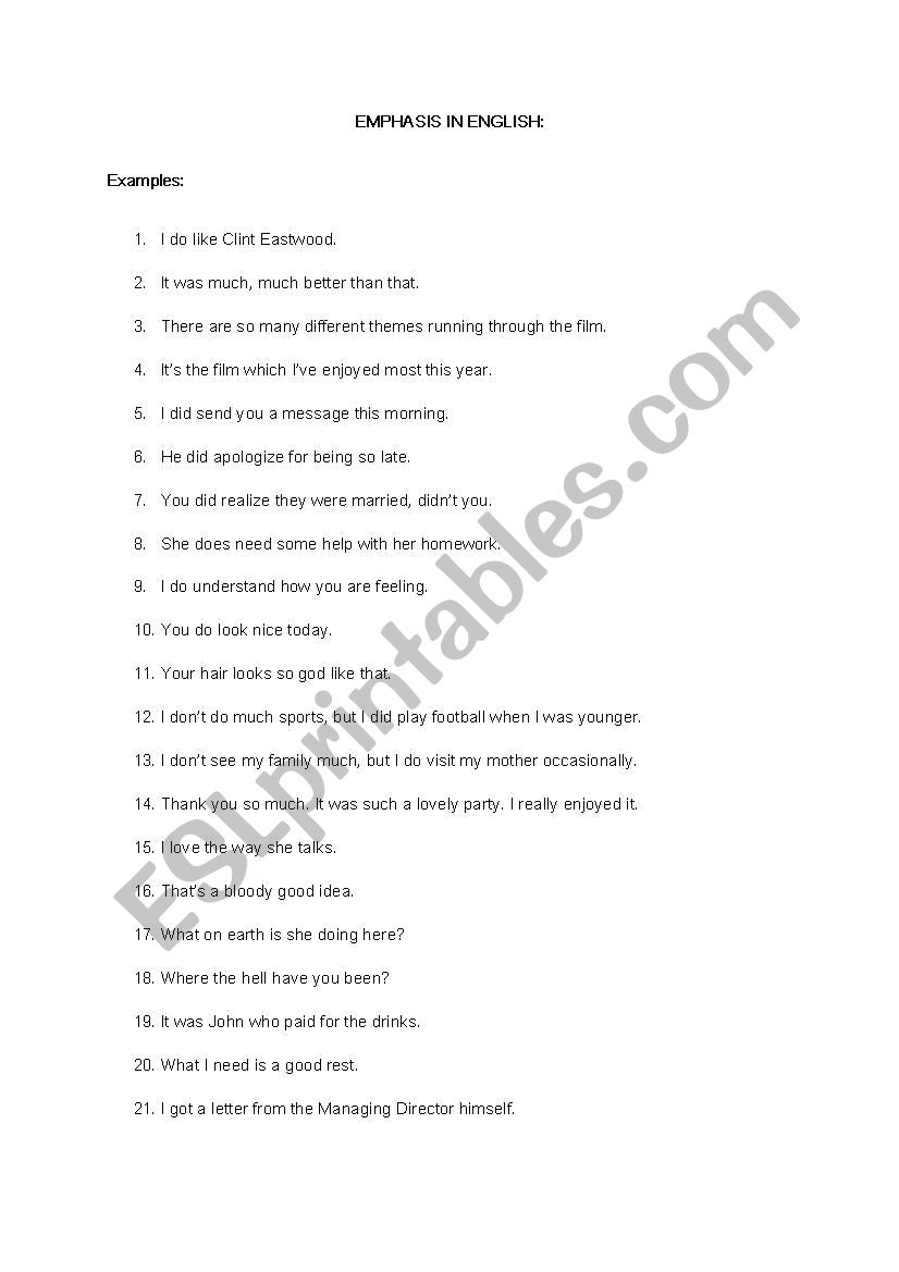 Emphasis in English worksheet