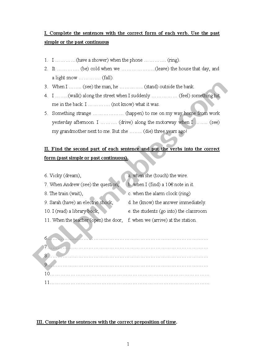 Test on Past tenses, question formation and prepositions