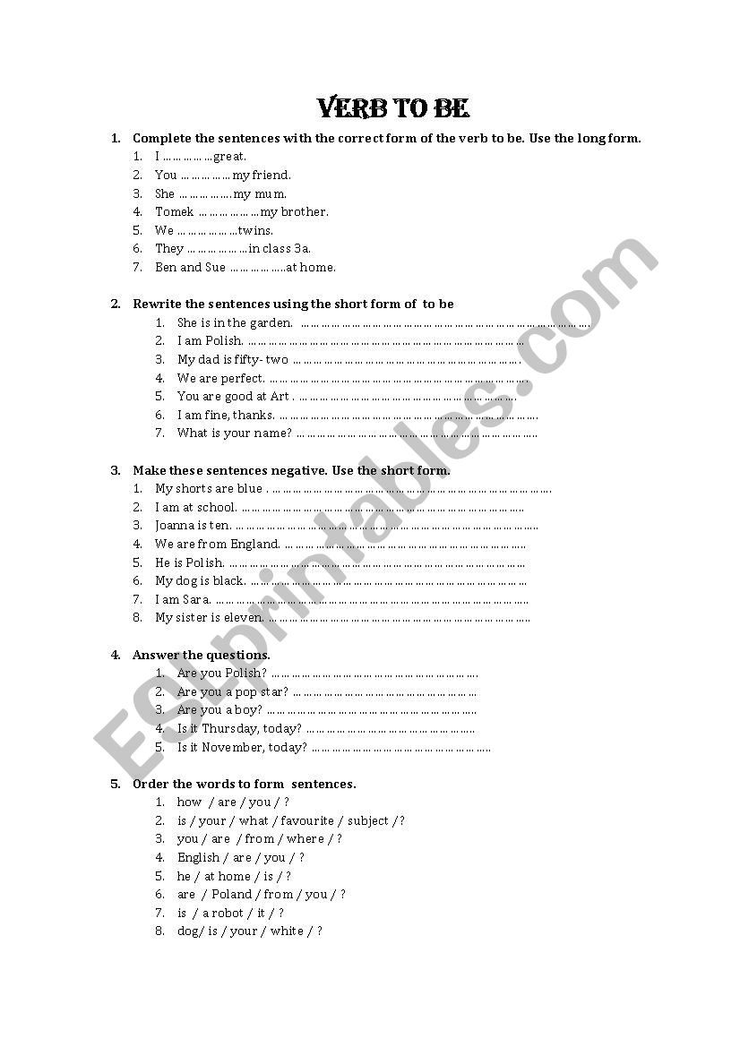 verb to be worksheet