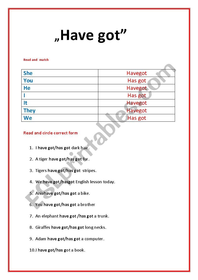 HAVE GOT VERB- SET OF EXERCISES FOR  YOUNG  STUDENTS
