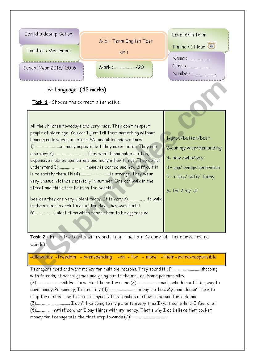 mid term test 1 9th form language part