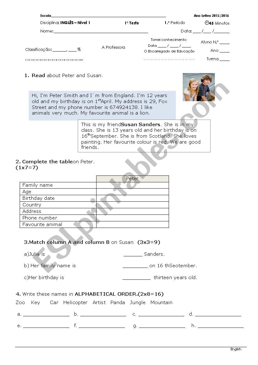 Personal Information worksheet