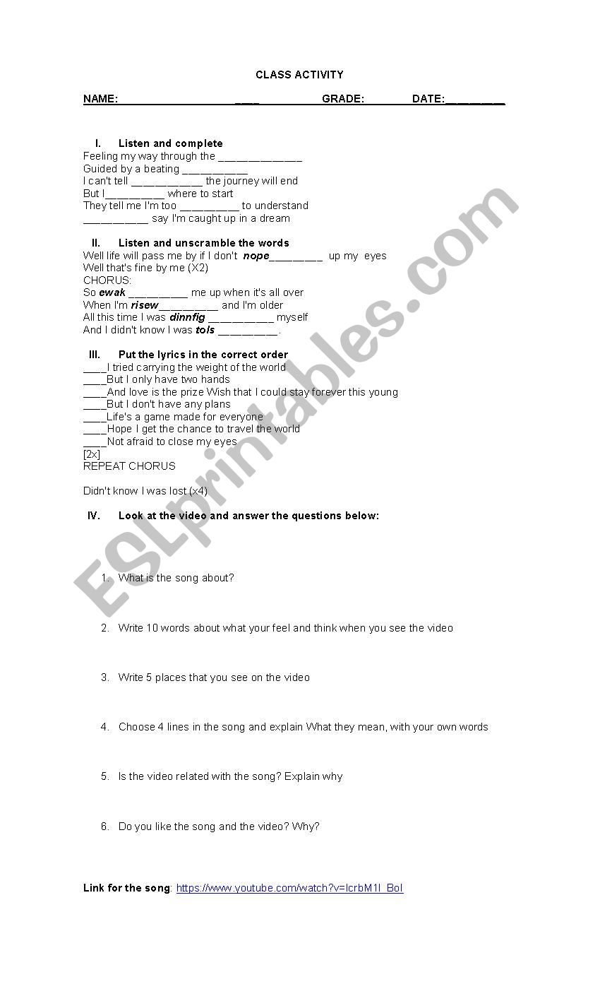 Wake me Up By Avicii worksheet