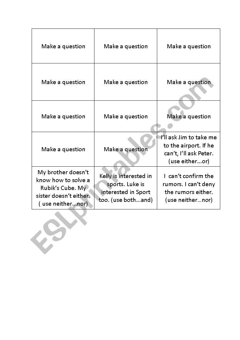 Quiz game worksheet