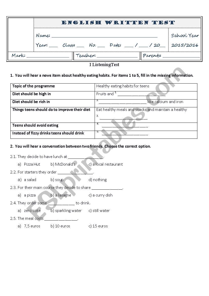 Test 9th grade worksheet