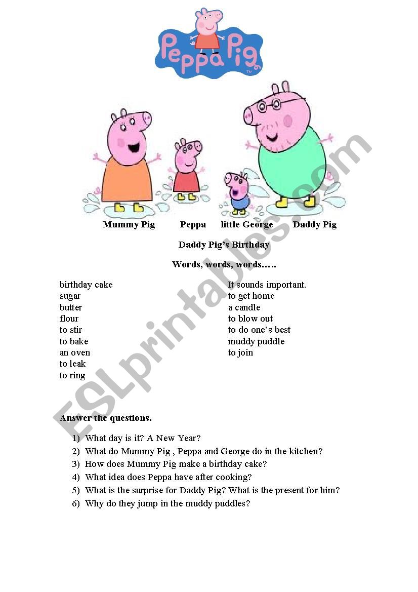 Daddy Pigs Birthday worksheet