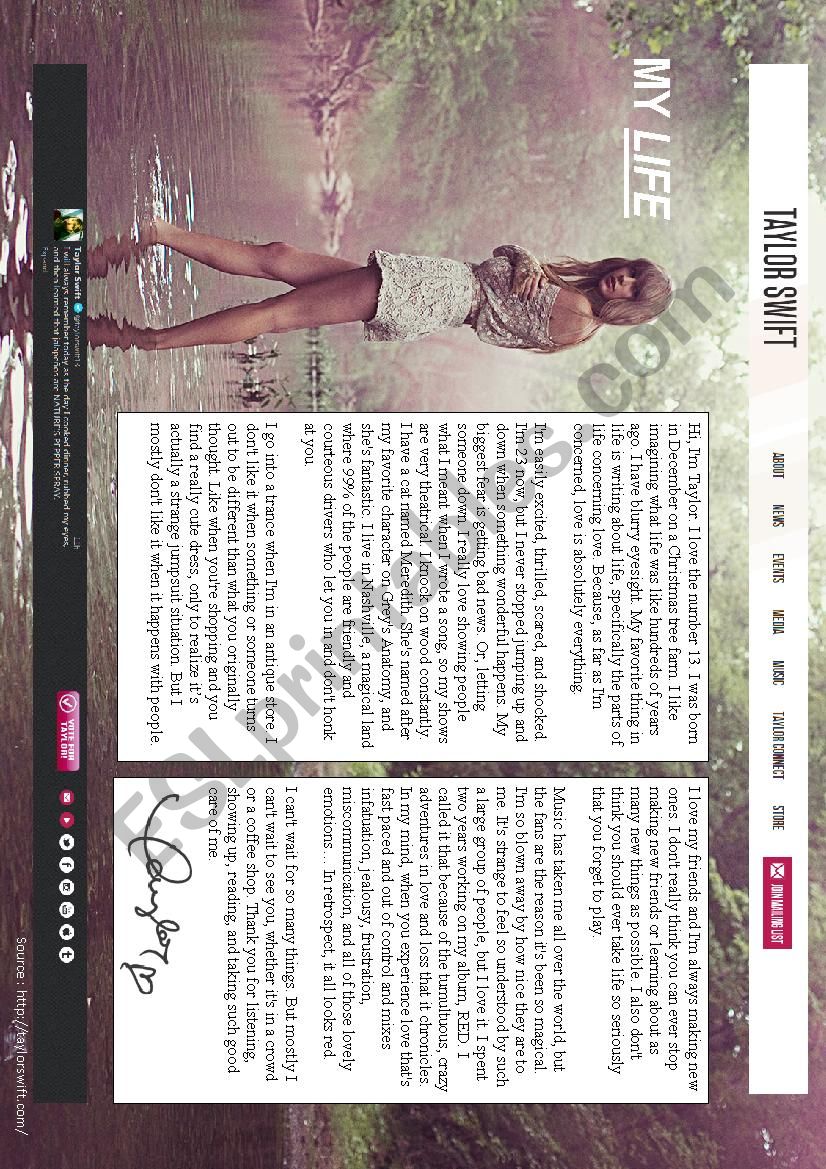 taylor swiftÂ´s website worksheet